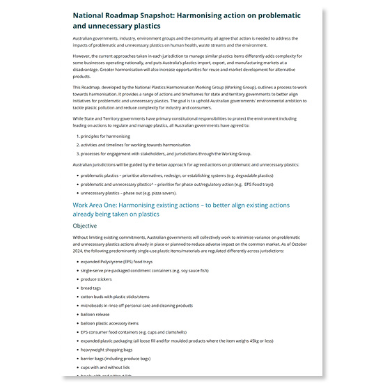 National Roadmap Snapshot: Harmonising action on problematic and unnecessary plastics